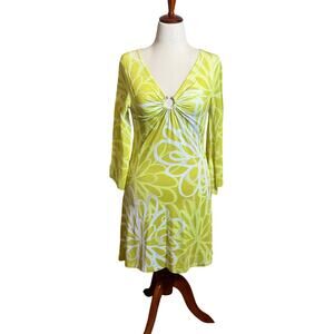 Kristine dress green white 3/4 sleeve rhinestone ring V-neckline 70s retro Sz S